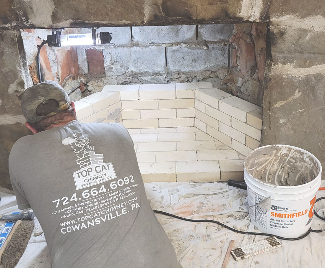 Reconstruction of old fireplace with white fire brick and a tech wearing a Top Cat t-shirt with an overhead light.  Mortar in a bucket to the right.