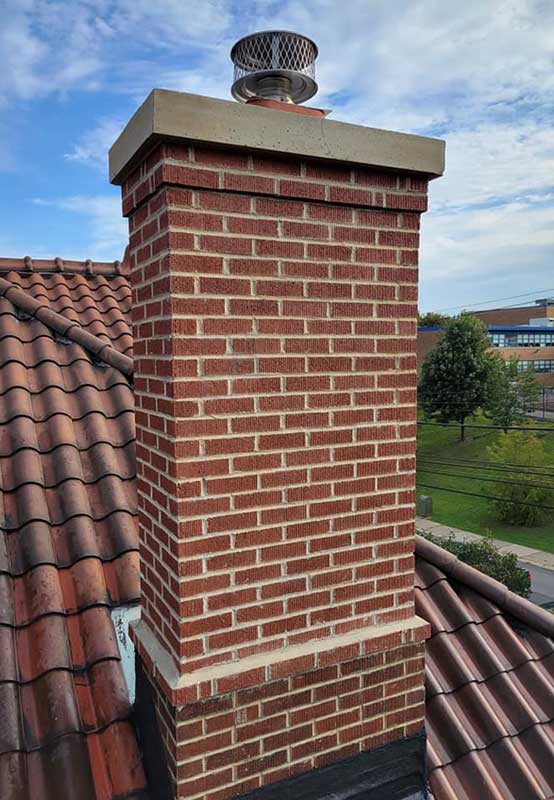 Close up of a large masonry chimney on a tile roof, a building and blue sky in the background.