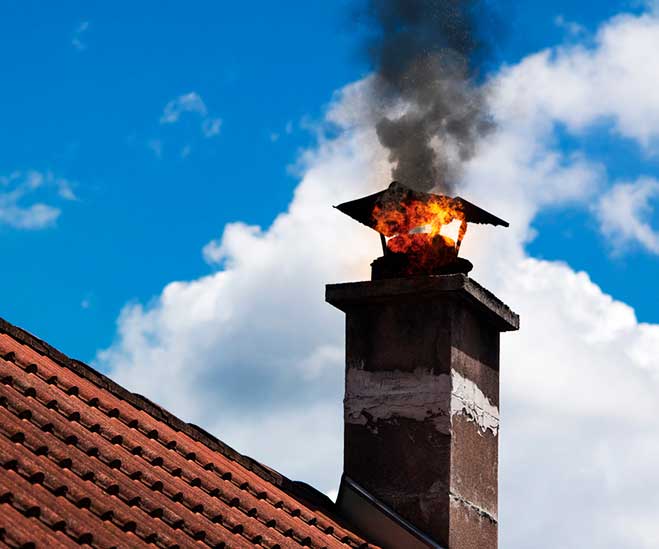 Top of chimney on fire blue sky with clouds in the background - the tile is terracotta.