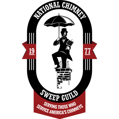 NCSG Member Logo - National Chimney Sweep Guild Guild - Chimney Sweep sitting in oblong circle on top of chimney with umbrella