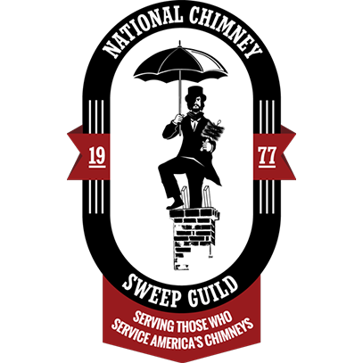 NCSG Logo - Top Cat Chimney - Cowansville, PA NCSG Member Logo - National Chimney Sweep Guild Guild - Chimney Sweep sitting in oblong circle on top of chimney with umbrella