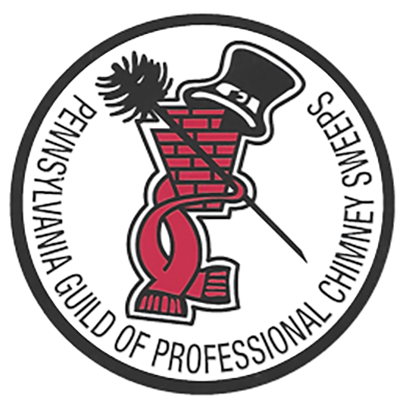 PGPCS Logo - Pennsylvania Guild of Professional Chimney Sweeps - Graphic of Chimney wrapped in scarf with chimney brush and hat hanging on chimney