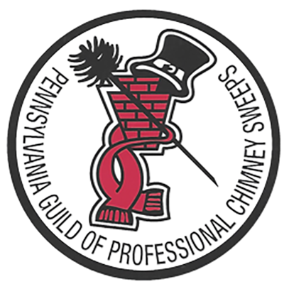 PGPCS Logo - Pennsylvania Guild of Professional Chimney Sweeps - Graphic of Chimney wrapped in scarf with chimney brush and hat hanging on chimney