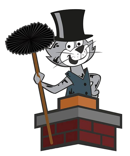 Cat coming out of top of chimney with brush and hat