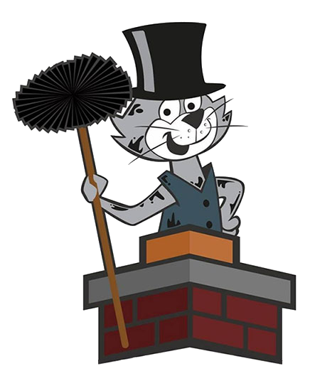 Cat coming out of top of chimney with brush and hat