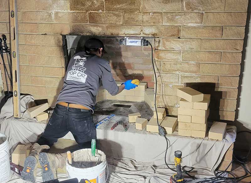 Tech installing new cream colored fire brick in firebox - level to the left along with tools - mortar in the foreground and a tarp on the floor.
