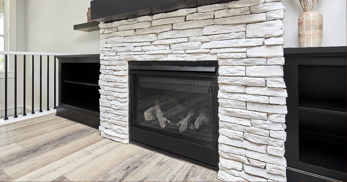 stock photo of gas fireplace gas fireplace with a white brick fireplace facing