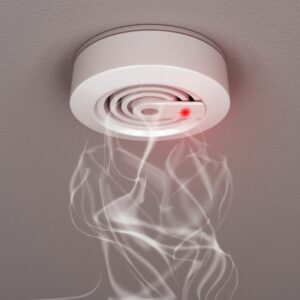 a white smoke detector with a red light with smoke going up into it