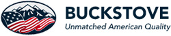 Mountain tops over an American Flag within an oval next to "Buckstove Unmatched American Quality"