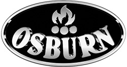 "Osburn" written in silver over a black oval with flames above the words