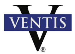 "Ventis" written in white on a blue rectangle over a black "V"