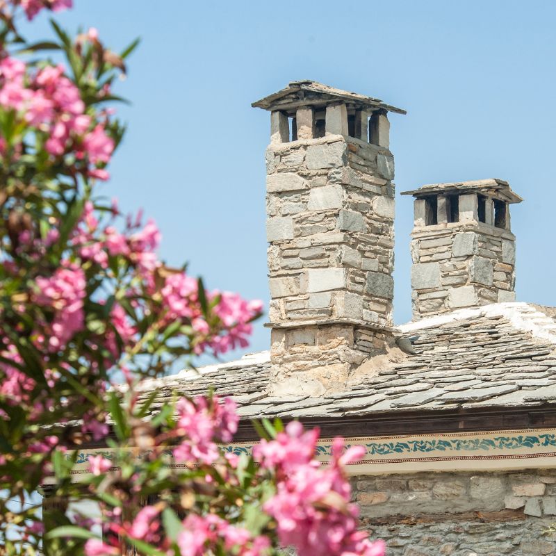 a bunch of pink flowers on a bush with two gray stone chimneys in the background