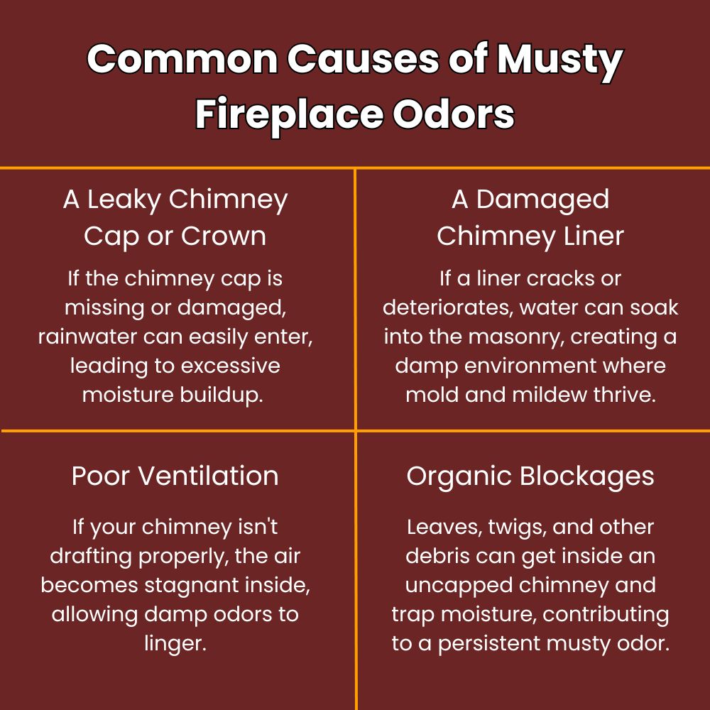 original infographic detailing common causes of musty chimney odors