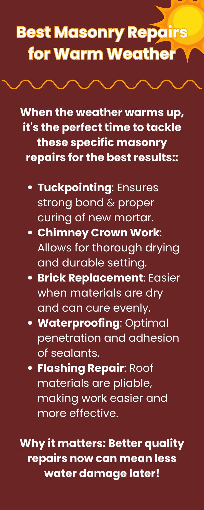 infographic detailing types of masonry repairs best for warm weather